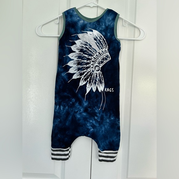Rags To Raches Baby Romper Blue Tie Dye Native Feather 19-24 Months - Picture 1 of 5